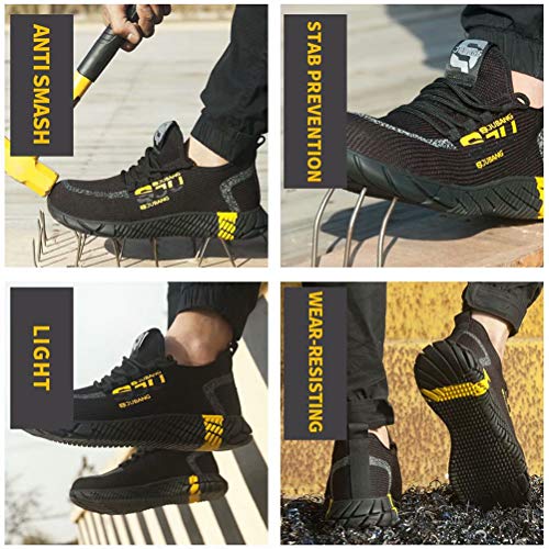 Zapatos de Seguridad Hombre Punta de Acero Anti-aplastante Aislamiento Zapatillas de Trabajo Mujer AntiEstático Liviano Transpirable Negro Amarillo 42