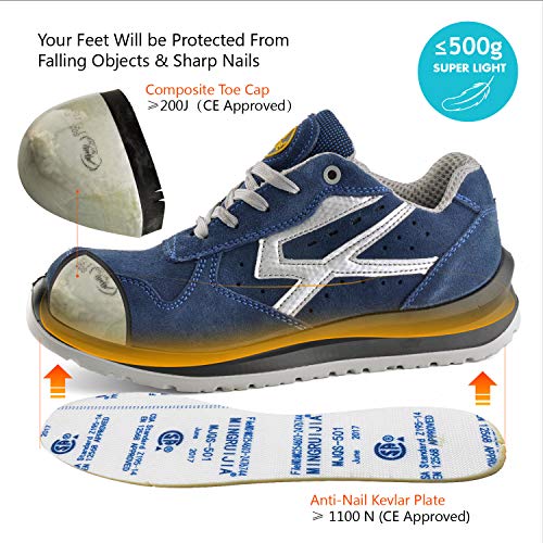 Zapatos de Seguridad para Hombres con Puntera de Fibra de Vidrio - SAFETOE 7328 Zapatillas Ultra-Ligeras Azul (Talla 39, Azul)