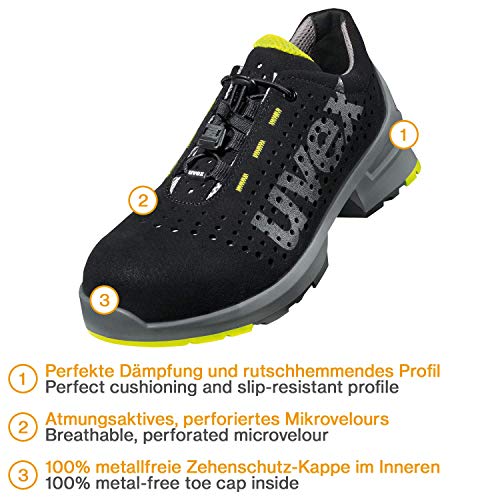 Zapatos de Seguridad Uvex 1 para Hombres - Zapatillas de Trabajo S1 SRC ESD - Negro Verde - Tamaño: 49