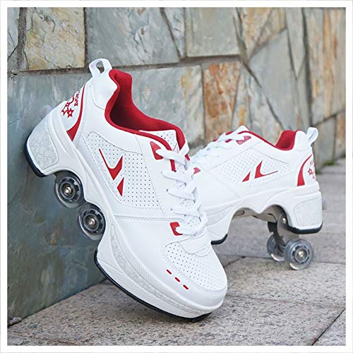 Zapatos de Senderismo Resistentes de Cuatro Ruedas Patines,Patines de Ruedas Deformados Multifuncionales,Patines de Ruedas Dobles,Zapatos de Tenis,for Adultos Niños,Plus Size 31-4334