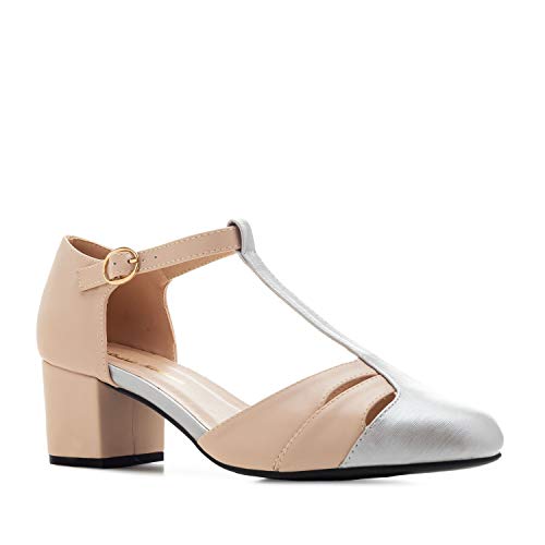 Zapatos de tacón T-Bar de Mujer de Verano Muy cómodos - AM5444 - Tacón Ancho Forrado al Tono en Soft Color Nude. Talla EU 43