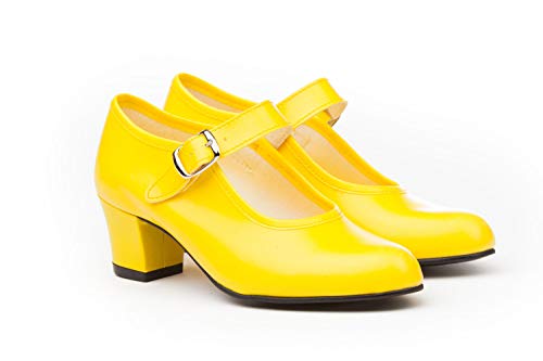 Zapatos Flamencas de Baile de Piel Fabricados en España. Disponible Desde la Talla 22 hasta la Talla 42 - Mi Pequeña Modelo 302I Color Beige,Amarillo,Blanco,Azul,Fuxia,Negro,Rojo y Verde.