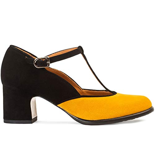 Zapatos Tacón Medio Mary Jane Cornelia | Zapato Salón Mujer Ante Mostaza con Negro | Puntera Redondeada y Tacón Ancho | Ajuste al Tobillo | Suela TPU Antideslizante | Forro Piel Natural | Talla 40