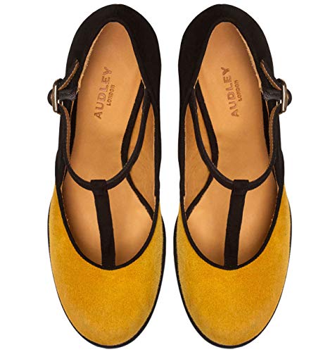 Zapatos Tacón Medio Mary Jane Cornelia | Zapato Salón Mujer Ante Mostaza con Negro | Puntera Redondeada y Tacón Ancho | Ajuste al Tobillo | Suela TPU Antideslizante | Forro Piel Natural | Talla 40