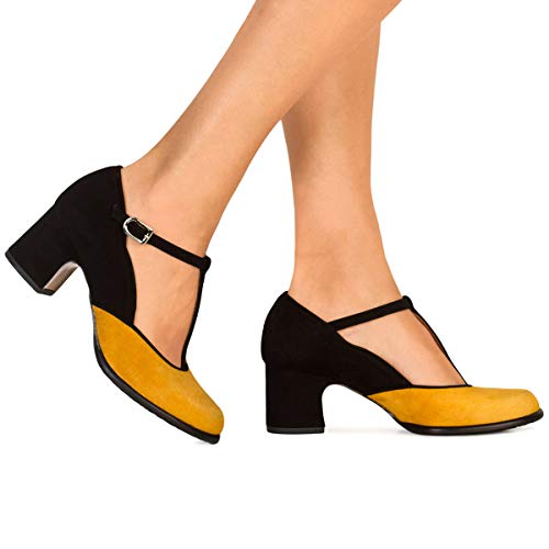 Zapatos Tacón Medio Mary Jane Cornelia | Zapato Salón Mujer Ante Mostaza con Negro | Puntera Redondeada y Tacón Ancho | Ajuste al Tobillo | Suela TPU Antideslizante | Forro Piel Natural | Talla 40