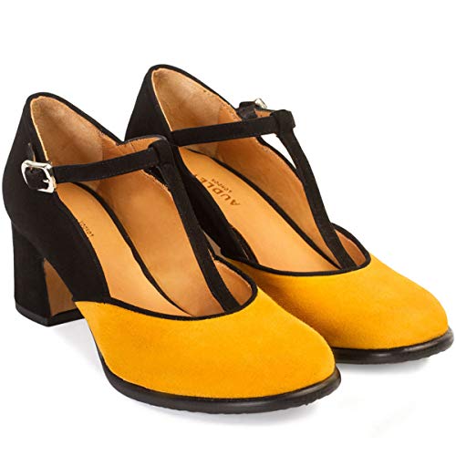 Zapatos Tacón Medio Mary Jane Cornelia | Zapato Salón Mujer Ante Mostaza con Negro | Puntera Redondeada y Tacón Ancho | Ajuste al Tobillo | Suela TPU Antideslizante | Forro Piel Natural | Talla 40