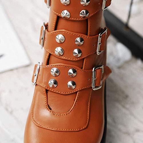 ZBYY Botas de plataforma para mujer, punta redonda, correa de hebilla con cremallera, botas de motocicleta, impermeables, militares de combate - marrón - 41