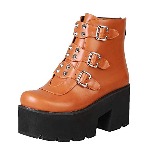 ZBYY Botas de plataforma para mujer, punta redonda, correa de hebilla con cremallera, botas de motocicleta, impermeables, militares de combate - marrón - 41