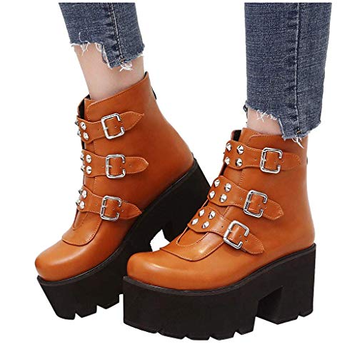 ZBYY Botas de plataforma para mujer, punta redonda, correa de hebilla con cremallera, botas de motocicleta, impermeables, militares de combate - marrón - 41