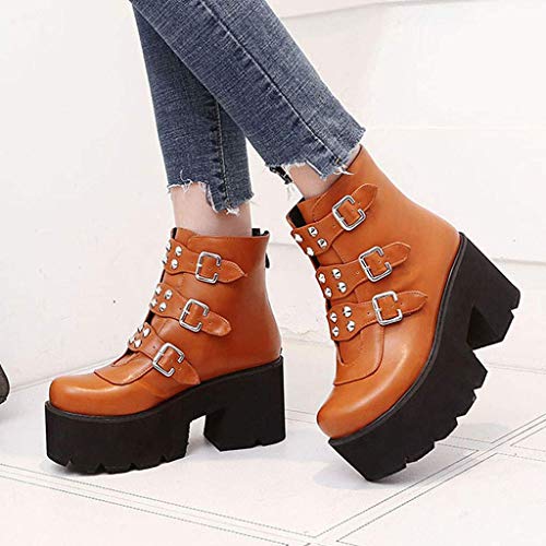 ZBYY Botas de plataforma para mujer, punta redonda, correa de hebilla con cremallera, botas de motocicleta, impermeables, militares de combate - marrón - 41