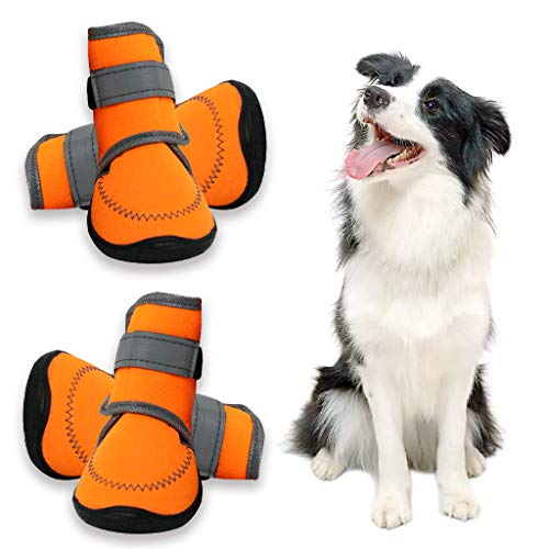 Zeraty Zapatos para Perros Botas para Mascotas Zapatillas para Perros medianos más Grandes con Correas Reflectante Ajustable Suela Antideslizante Resistente Naranja 4PCS