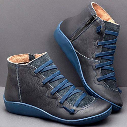 ZODOF 2019 Mujer Botines Venta De Cuero De Imitación, A Prueba De Agua Para El Otoño Y El Invierno, Zapatos De Cordones De La Vendimia, Pisos De Las Mujeres Cómodas(Azul,36 EU)