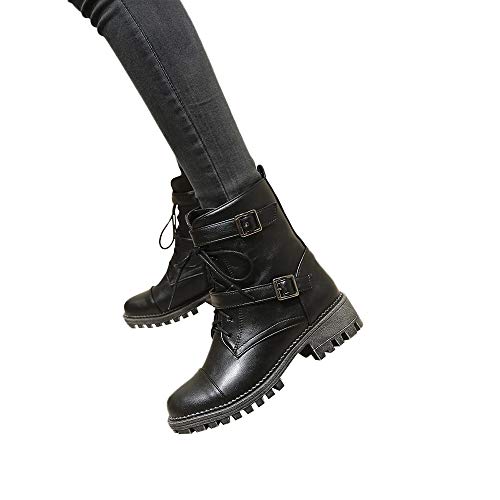 ZODOF Botas Exquisitas Medieval Style para Mujer,Botas de Estilo Militar Medio de Moda Zapatos de Mujer de Hebilla de Cuero Artificial Patchwork(Negro,Caqui,Amarillo) 36/41