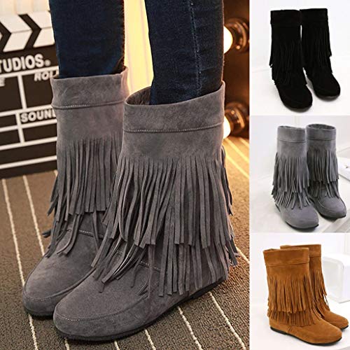 ZODOF Botines cuña para Mujer Otoño Invierno 2019 Moda Botas Militares Planos Zapatos Vestir Talla Grande Señora Calzado Terciopelo Dama Botas de Nieve clásicas Caliente con Fleco(38 EU,Gris)