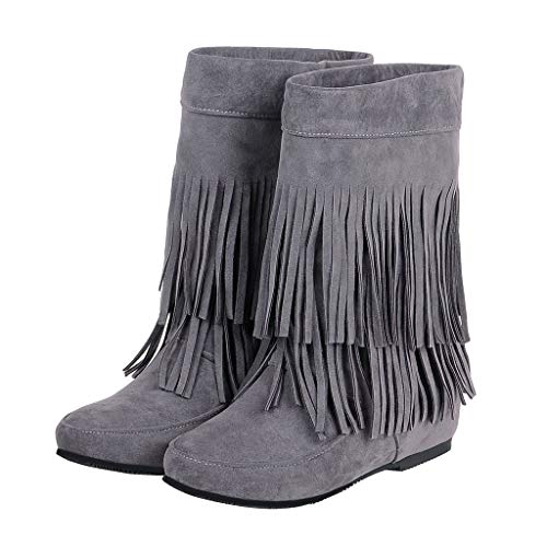 ZODOF Botines cuña para Mujer Otoño Invierno 2019 Moda Botas Militares Planos Zapatos Vestir Talla Grande Señora Calzado Terciopelo Dama Botas de Nieve clásicas Caliente con Fleco(38 EU,Gris)