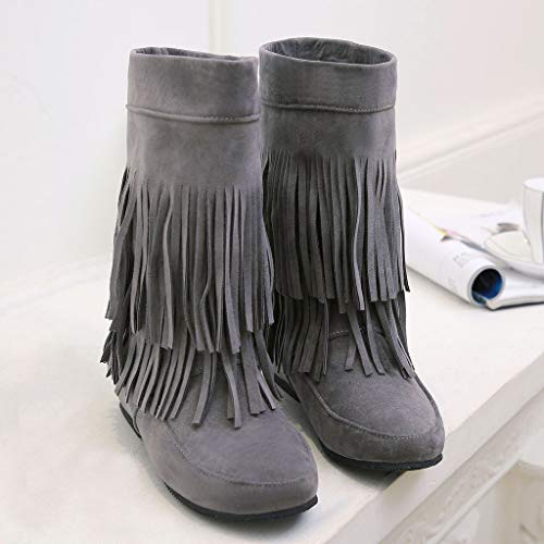 ZODOF Botines cuña para Mujer Otoño Invierno 2019 Moda Botas Militares Planos Zapatos Vestir Talla Grande Señora Calzado Terciopelo Dama Botas de Nieve clásicas Caliente con Fleco(38 EU,Gris)