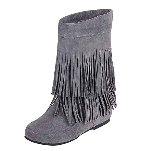 ZODOF Botines cuña para Mujer Otoño Invierno 2019 Moda Botas Militares Planos Zapatos Vestir Talla Grande Señora Calzado Terciopelo Dama Botas de Nieve clásicas Caliente con Fleco(38 EU,Gris)