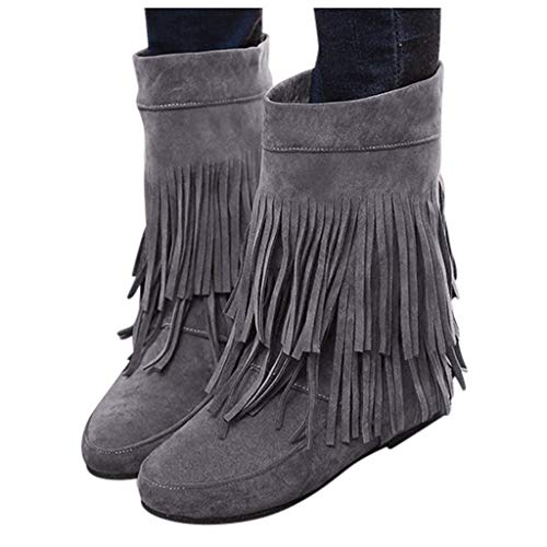 ZODOF Botines cuña para Mujer Otoño Invierno 2019 Moda Botas Militares Planos Zapatos Vestir Talla Grande Señora Calzado Terciopelo Dama Botas de Nieve clásicas Caliente con Fleco(38 EU,Gris)