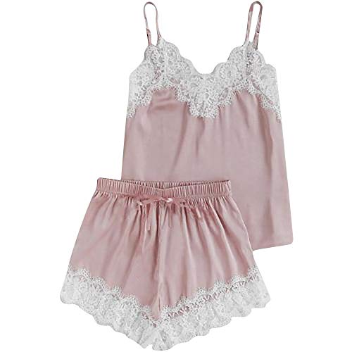 ZODOF Lenceria Mujer Ropa de Dormir de Las Mujeres Sin Mangas Correa Ropa de Dormir Cordón Adorno Satinado Cami Parte Superior Conjuntos de Pijamas Liguero Lenceria Mujer Sexy(S,Rosado)