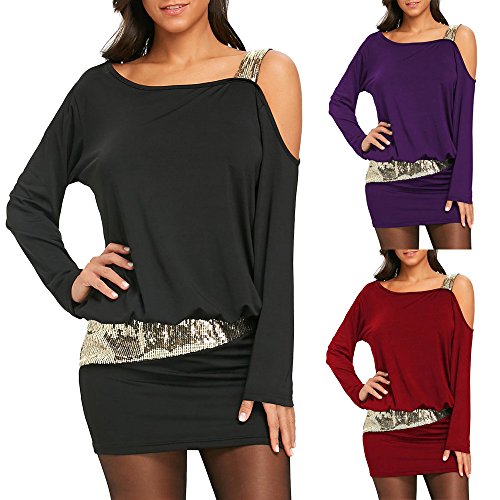 ZODOF Mujeres Vestidos Moda para Mujer sin Tirantes Sexy Lentejuelas frías Hombro Bling Mini Blouson Vestido de la Palabra sin Tirantes Vestidos de Cóctel Falda de Cola