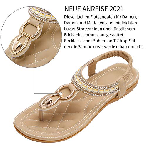 ZOEREA Mujeres Sandalias Planas Verano Elegante Bohemia Rhinestone Playa Chanclas Correa Elástica Punta Abierta Casuales Damas Zapatos Estilo 3 Beige, 43 EU