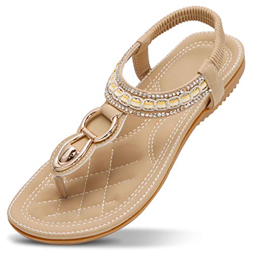 ZOEREA Mujeres Sandalias Planas Verano Elegante Bohemia Rhinestone Playa Chanclas Correa Elástica Punta Abierta Casuales Damas Zapatos Estilo 3 Beige, 43 EU