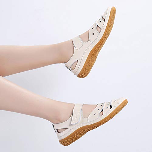 Z.SUO Sandalias Mujer de Cuero Planas Cómodos Casual Mocasines Loafers Moda Zapatos Plano Verano Sandalias y Chanclas(42 EU,Beige)