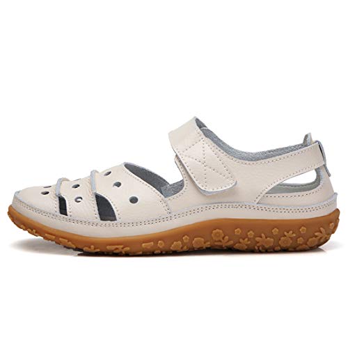 Z.SUO Sandalias Mujer de Cuero Planas Cómodos Casual Mocasines Loafers Moda Zapatos Plano Verano Sandalias y Chanclas(42 EU,Beige)