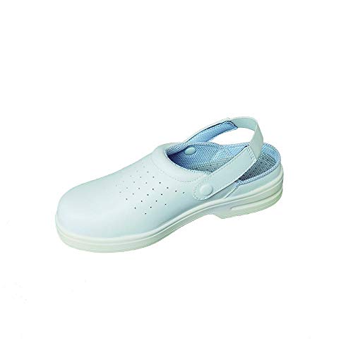 Zuecos Sanitarios de Trabajo SafeWay A111 • Zuecos Mujer y Hombre con Suela de Goma Antideslizante • Zapatos para Enfermería Y Hostelería • Talla 35 EU • Color Blanco