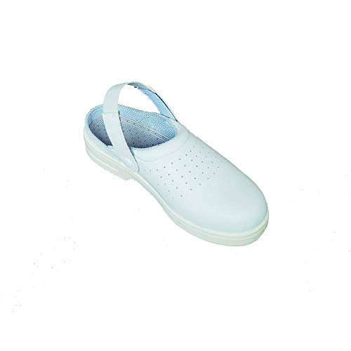 Zuecos Sanitarios de Trabajo SafeWay A111 • Zuecos Mujer y Hombre con Suela de Goma Antideslizante • Zapatos para Enfermería Y Hostelería • Talla 35 EU • Color Blanco