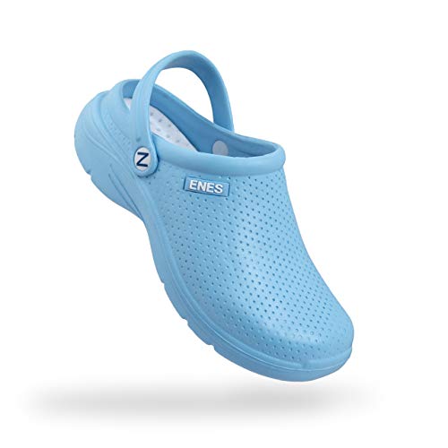 Zuecos Sanitarios Mujer Hombre Enfermera Hospital de Goma, Antideslizantes, Anatomicos, Comodos, Cerrados, Azul (42 EU)