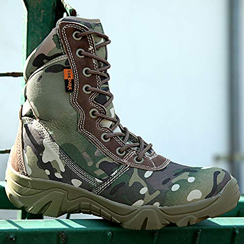 ZZMFC Army Tactical Army Boots Cuero Ligero al Aire Libre con Cordones con Cremallera Lateral Botas de Combate Patrol Botas de montaña Antideslizantes Camuflaje,Green-43