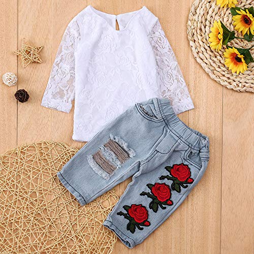 1-5 años Niña Top de Encaje + Rosas Bordadas Vaqueros Tattered Conjunto de Ropa Otoño Invierno