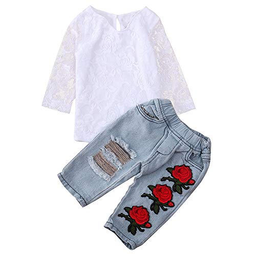 1-5 años Niña Top de Encaje + Rosas Bordadas Vaqueros Tattered Conjunto de Ropa Otoño Invierno
