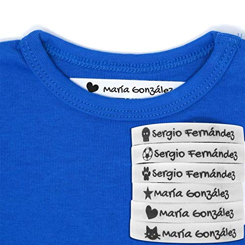 100 Etiquetas Termoadhesivas Personalizadas con Icono para marcar la ropa. (Blanco)