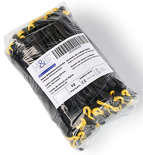 12 Pares de Guantes de Trabajo ISC H&S, Nylon, Revestimiento de PU; en Tallas S pequeña (7), Media M (8), L Grande (9), XL Grande x (10), XXL Grande x (11); sin Costuras, versátil, Negro, XXL (11)