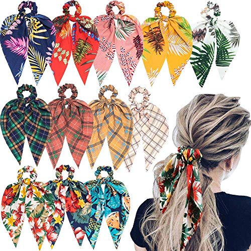 12 Piezas Bufanda para el Cabello Scrunchies de Gasa Floral Scrunchie Bandas para el Cabello Soporte de Cola de Caballo Lazos para el Cabello 2 en 1 Accesorios Vintage para Mujeres y Niñas (Color2)