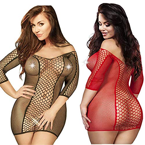 2 Pack Talla Extra Mujer Talla Extra Lencería Ropa Vestidos de camisón de Encaje de Manga Larga Bare Inferior (Negro+Rojo)