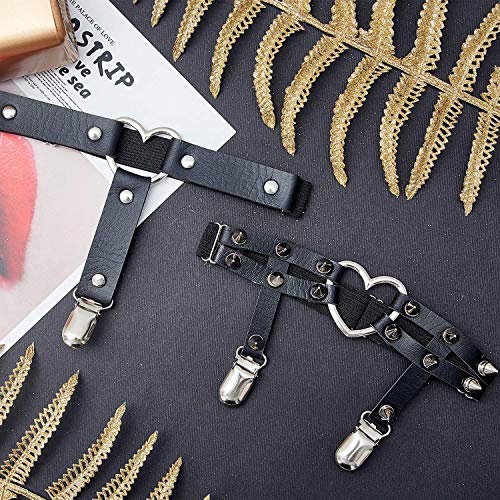 2 Pares Arnés de Pierna de Cuero Remache Liguero PU Cuero Punk Gótico Muslo Anillo Liguero (Corazón y Corazón)