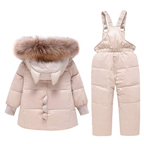 2 Piezas Bebé Invierno Traje de Esquiar Chaqueta de Plumas Niños Niñas Encapuchado Ajuste de Piel Cremallera Saco con Nieve Pantalones Beige 18-24 Meses