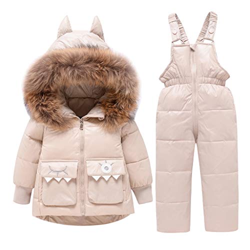 2 Piezas Bebé Invierno Traje de Esquiar Chaqueta de Plumas Niños Niñas Encapuchado Ajuste de Piel Cremallera Saco con Nieve Pantalones Beige 18-24 Meses