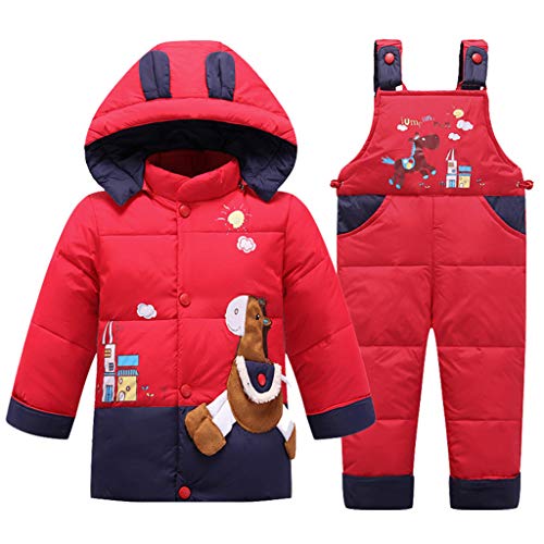 2 Piezas Bebé Traje de Nieve Chaqueta de Plumas con Capucha con Pantalones de Peto de Nieve Invierno Traje de Esquiar Unisexo Conjunto de Ropa Rojo 2-3 Años