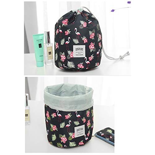 2 Piezas Bolsas de Cosméticos Cilíndricas, Bolsas de Cosméticos con Cordón Ajustable, Bolsa de Maquillaje Viaje Bolsas de Cosméticos para Usar en Casa o en Viajes Diarios, Patrón de Flamenco