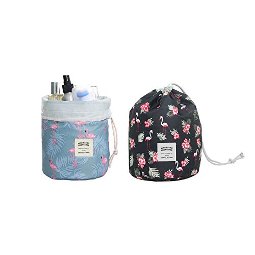 2 Piezas Bolsas de Cosméticos Cilíndricas, Bolsas de Cosméticos con Cordón Ajustable, Bolsa de Maquillaje Viaje Bolsas de Cosméticos para Usar en Casa o en Viajes Diarios, Patrón de Flamenco