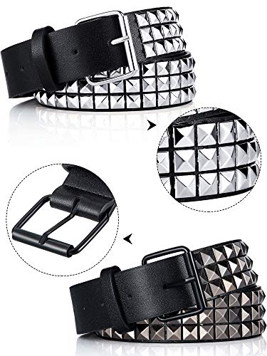 2 Piezas Cinturón con Tachuelas Cintura Negra de Tachuelas Cinturón de Metal Piramidal para Jeans, Pantalones, Negro, Plata