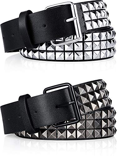 2 Piezas Cinturón con Tachuelas Cintura Negra de Tachuelas Cinturón de Metal Piramidal para Jeans, Pantalones, Negro, Plata