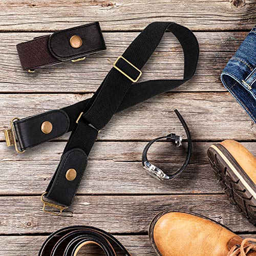 2 Piezas de Cinturón Elástico Negro y Marrón (Sin Hebilla) con Cierre de Latón y un par de Hebillas de Latón Marrón (Niños 30 CM)
