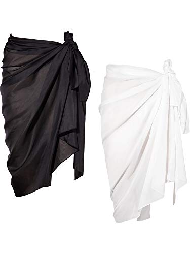 2 Piezas de Pareo de Playa de Mujeres Cubiertas Sarong Falda de Gasa de Bañador (Blanco y Negro)