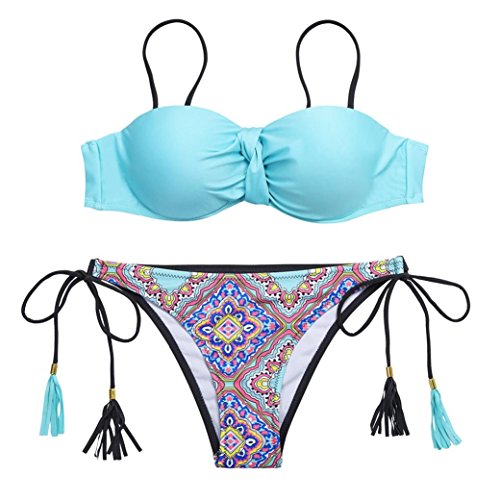 2018 Mujer Brasileño Bikini Push Up con Relleno - Anudadas Bandeau Tops de Bikini Y Tangas de Floral - Traje de Baño Bañadores de Dos Piezas (Serie 2 ~Azul, XL)