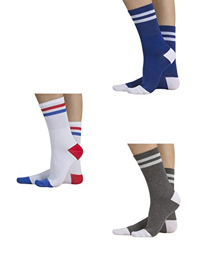 3 PARES – Calcetines de Algodón | Calcetines Deportivos Estilo Vintage | Calcetines con Rayas| Blanco, Gris, Azul, Negro, Verde | 35/38, 39/42, 43/46 | 100% Made in Italy | (Gris+Azúl+Blanco, 39/42)